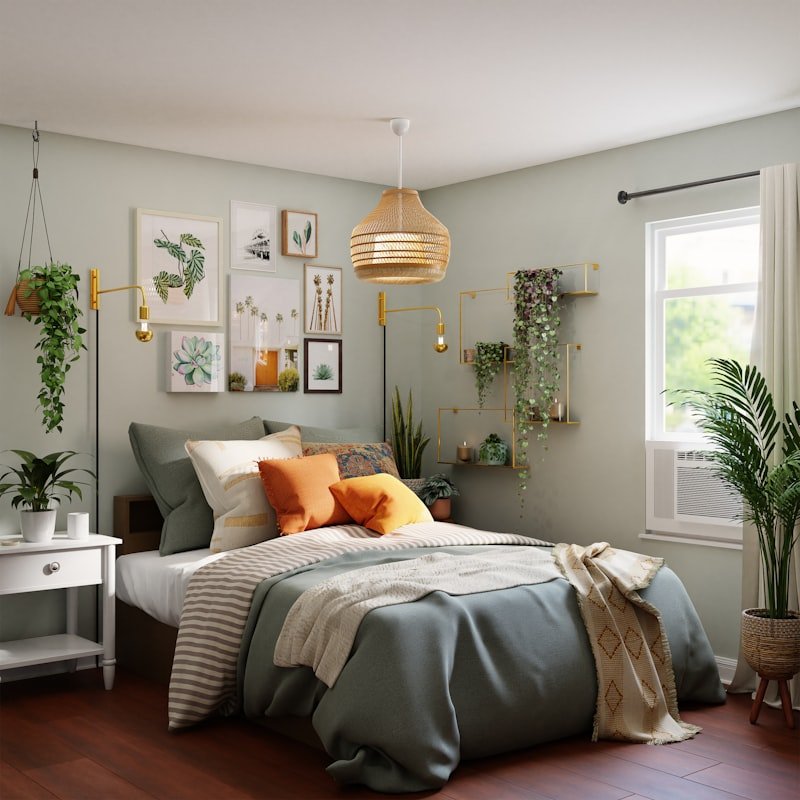 Bedroom with layered bedding, gallery wall and pendant light